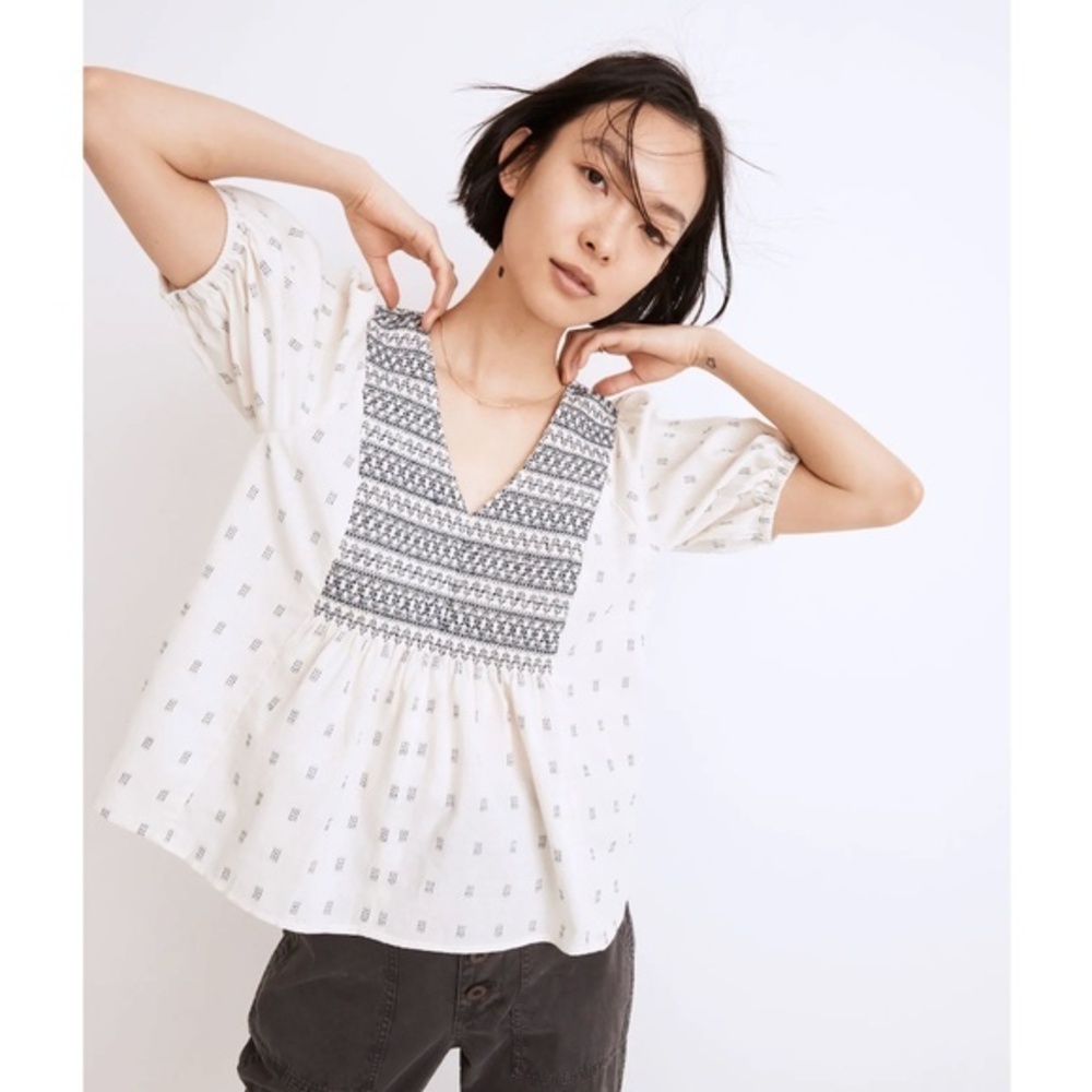 Madewell Summer 2022 Embroidered-Yoke Top in Clipdot Ikat Swiss Dot Size XS